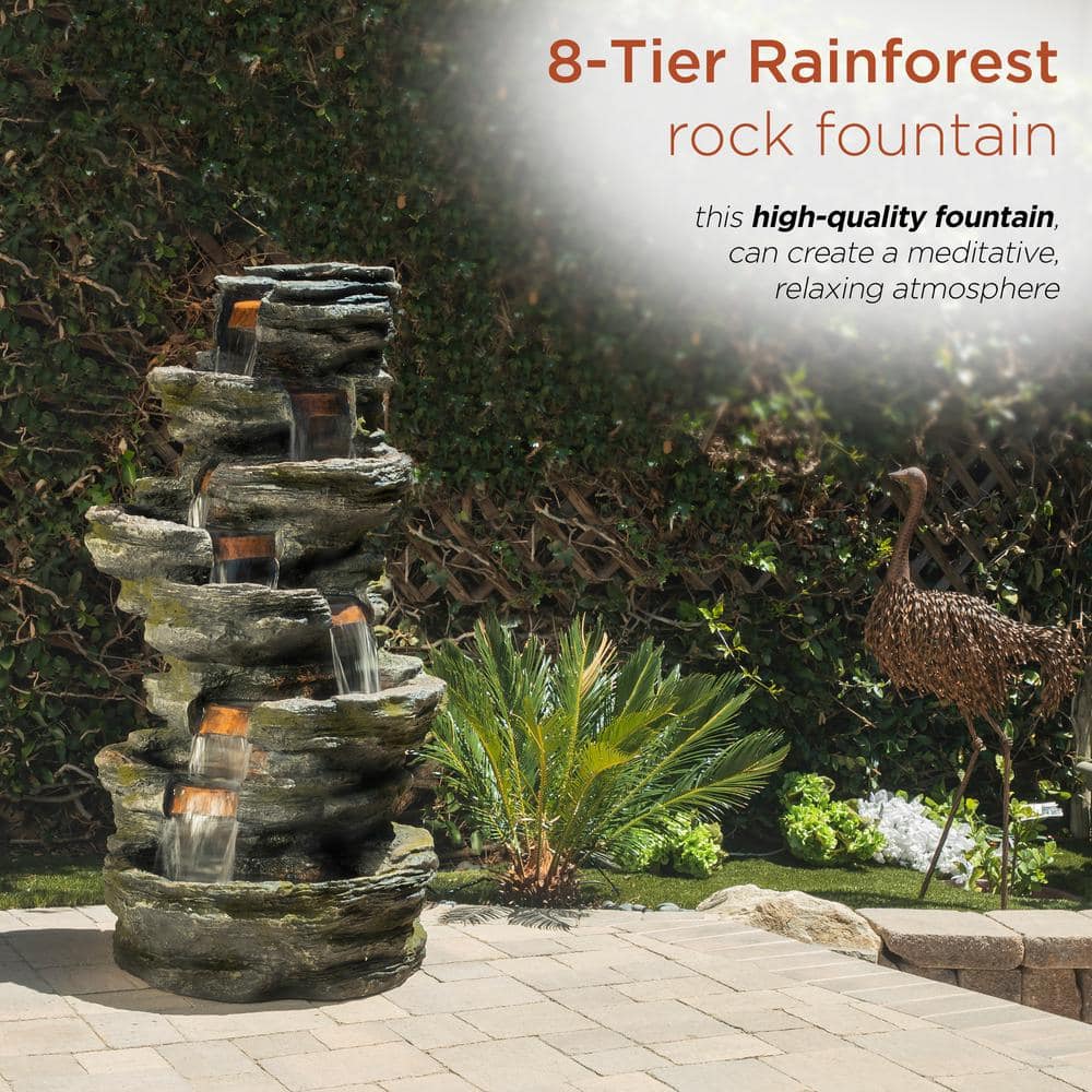 Alpine Corporation 58 in. Tall Outdoor 8-Tier Rainforest Rock Water Fountain with LED Lights WIN1146