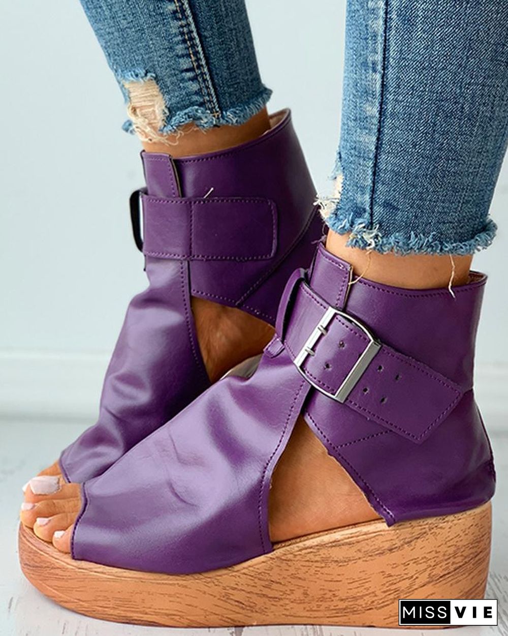 Eyelet Buckled Cutout Wedge Sandals