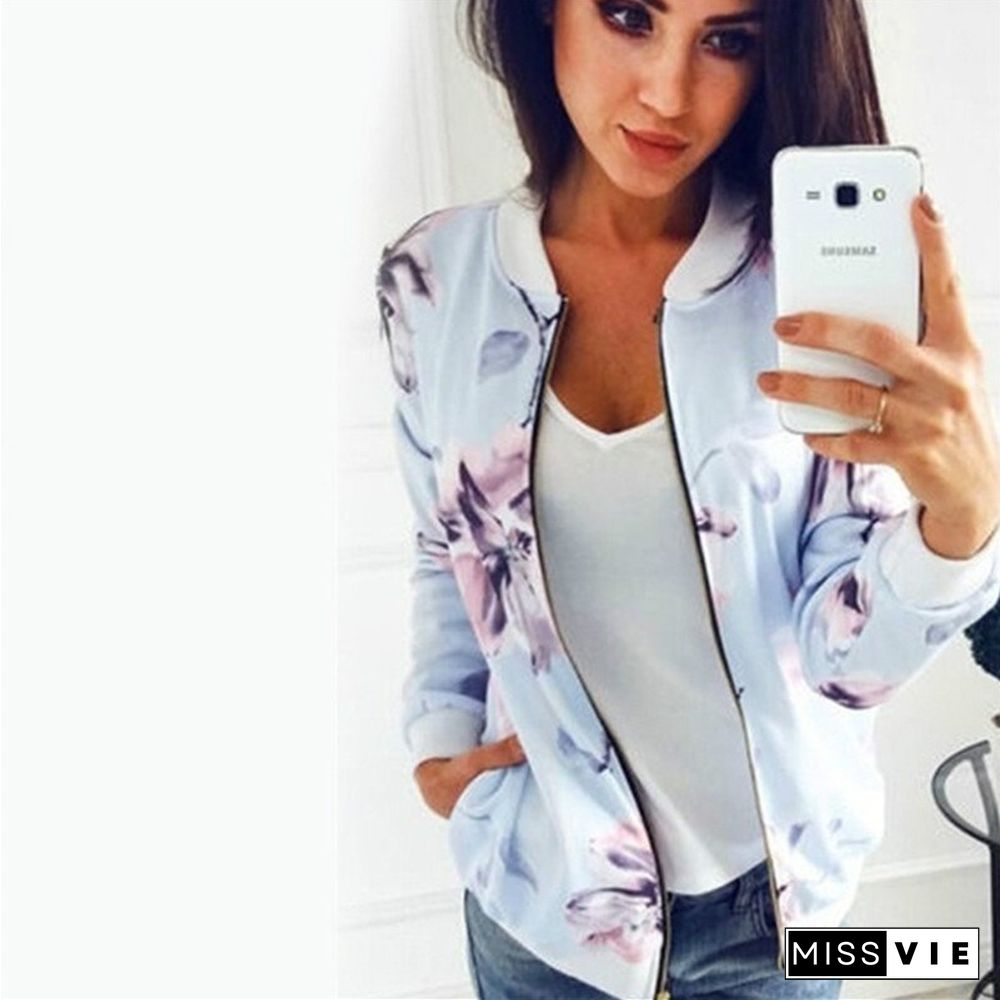 Women Retro Floral Printed Jackets Lightweight Long Sleeve Zipper Jacket Short Windbreaker Coats Biker Jackets Spring Outwear
