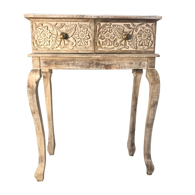 2 Drawer Mango Wood Console Table With Floral Carved Front Brown white The Urban Port