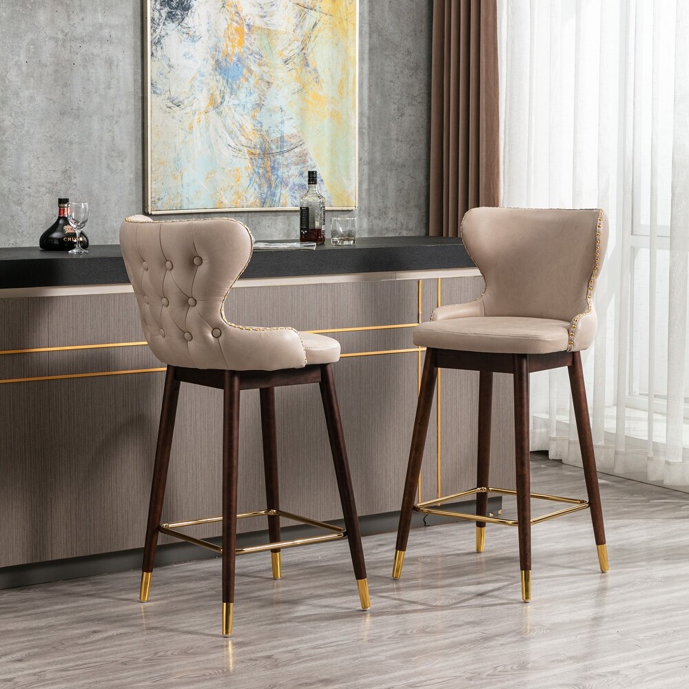 Modern Leather Fabric Bar Stool with Gold Nailheads   Solid Wood Legs  Set of 2