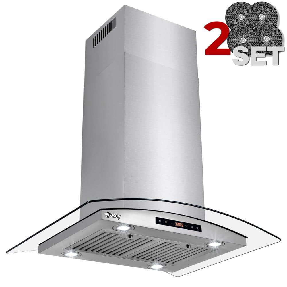 AKDY 30 in 343 CFM Convertible Island Mount Range Hood in Stainless Steel Tempered Glass with 2 Set Carbon Filter