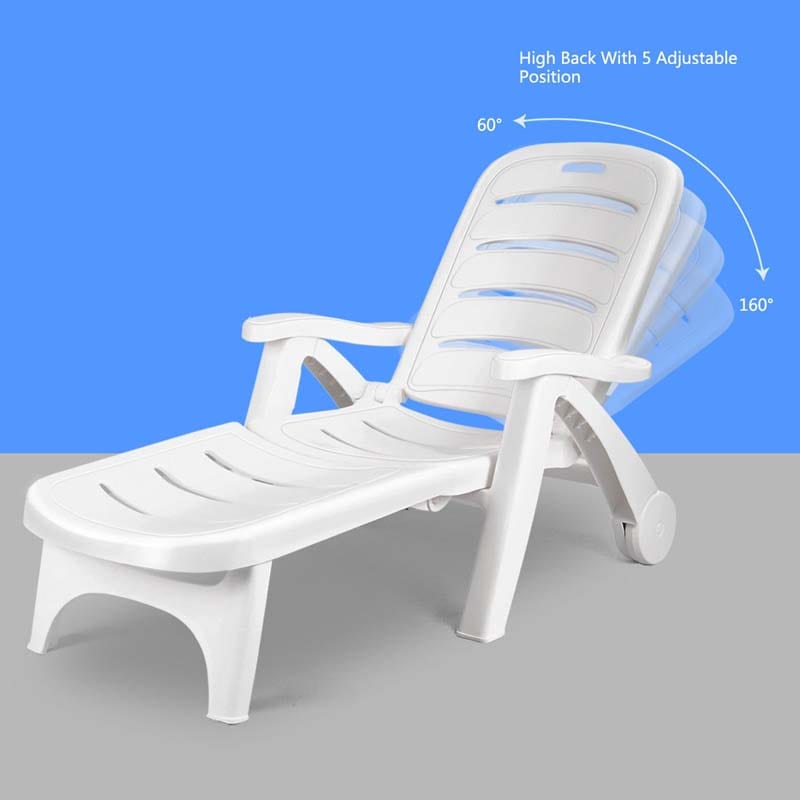 Rolling Folding Plastic Pool Lounge Chair with Armrests, 5-Position Outdoor Sun Lounger Patio Deck Chair Beach Chair