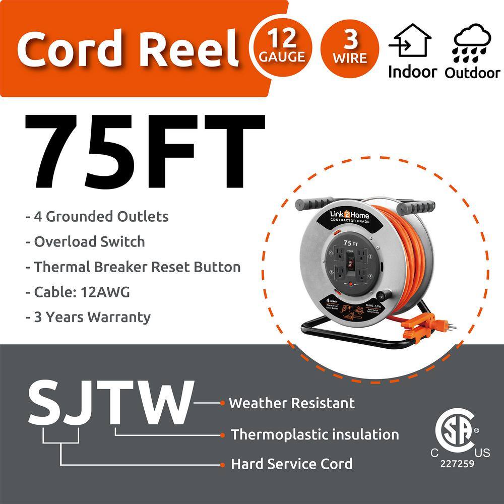 Link2Home 75 ft. 123 Extension Cord Storage Reel with 4 Grounded Outlets and Overload Protection EM-CG-750E