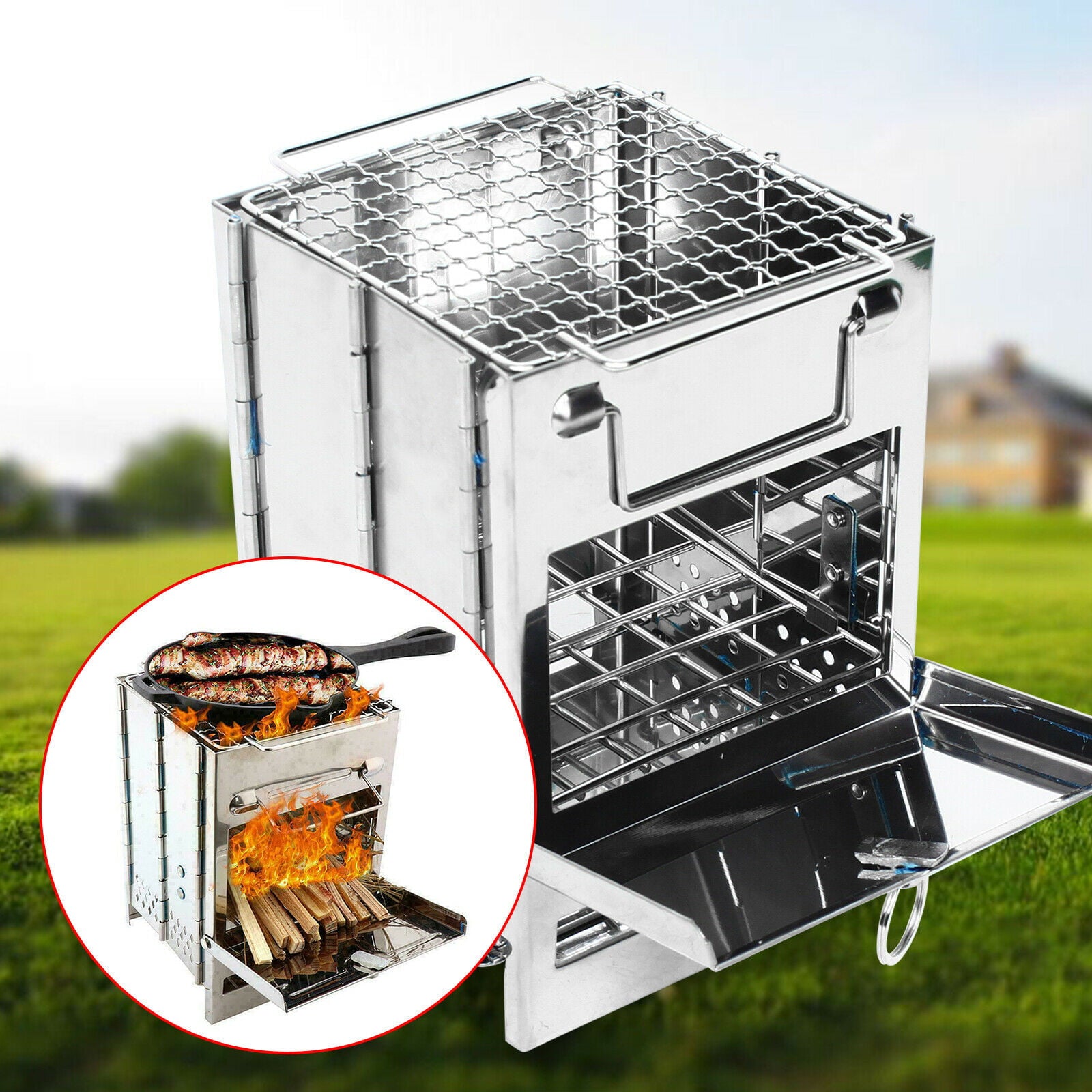 Fichiouy Portable Wood Burning Stove Outdoor Stainless Steel BBQ Grill for Camping Foldable Silver