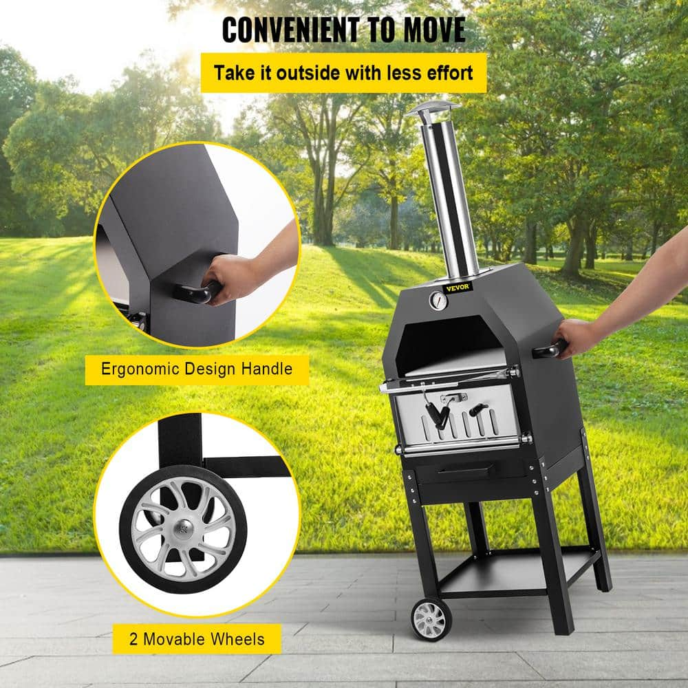 VEVOR Pizza Oven 12 in. Removable Wheels 2-Layer Charcoal Burning Outdoor Pizza Oven with Pizza Stone for Barbecue in Black LDSPSLLZXBDDWRLHEV0