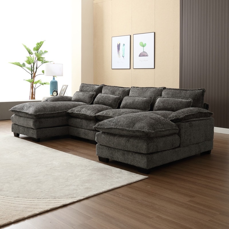 Large U Shape Modular Sectional Sofa with Ottomans  Reversible Sofa Couch with Pillow Top Arms and 4 Lumbar Support Pillows