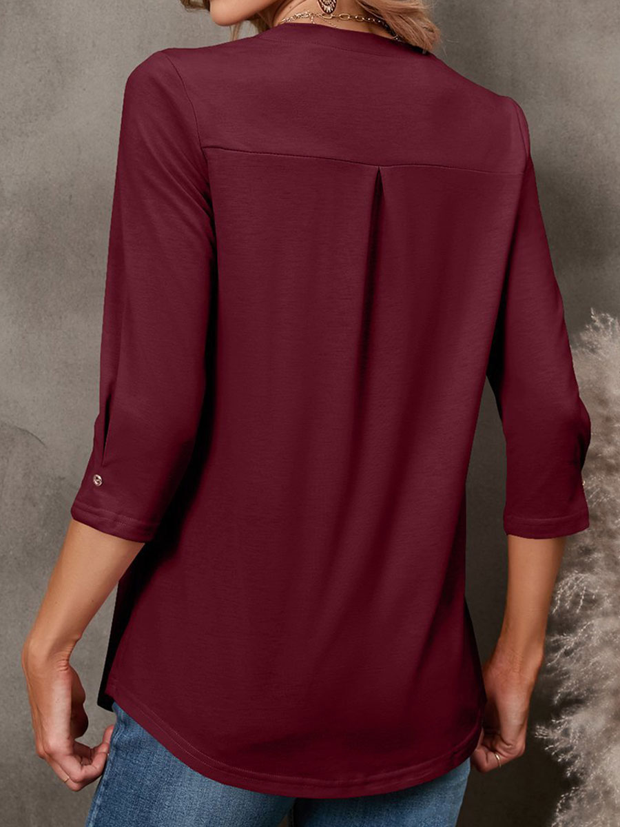 V-neck Casual Loose Solid Color Long-sleeved Blouse