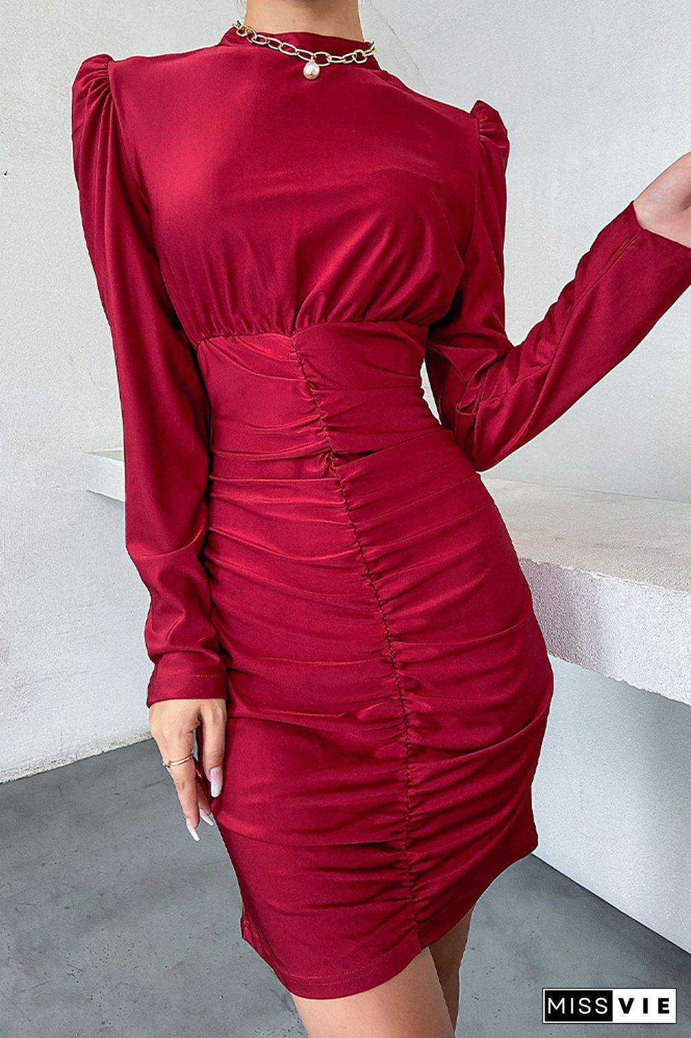 Red Puffy Sleeves Ruffles Bodycon Dress