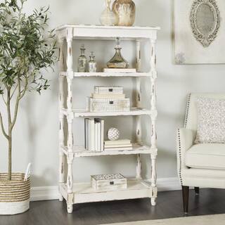 Litton Lane 5 Shelf Wood Stationary White Distressed Open Shelving Unit with Spindle Sides and Mesh 44419