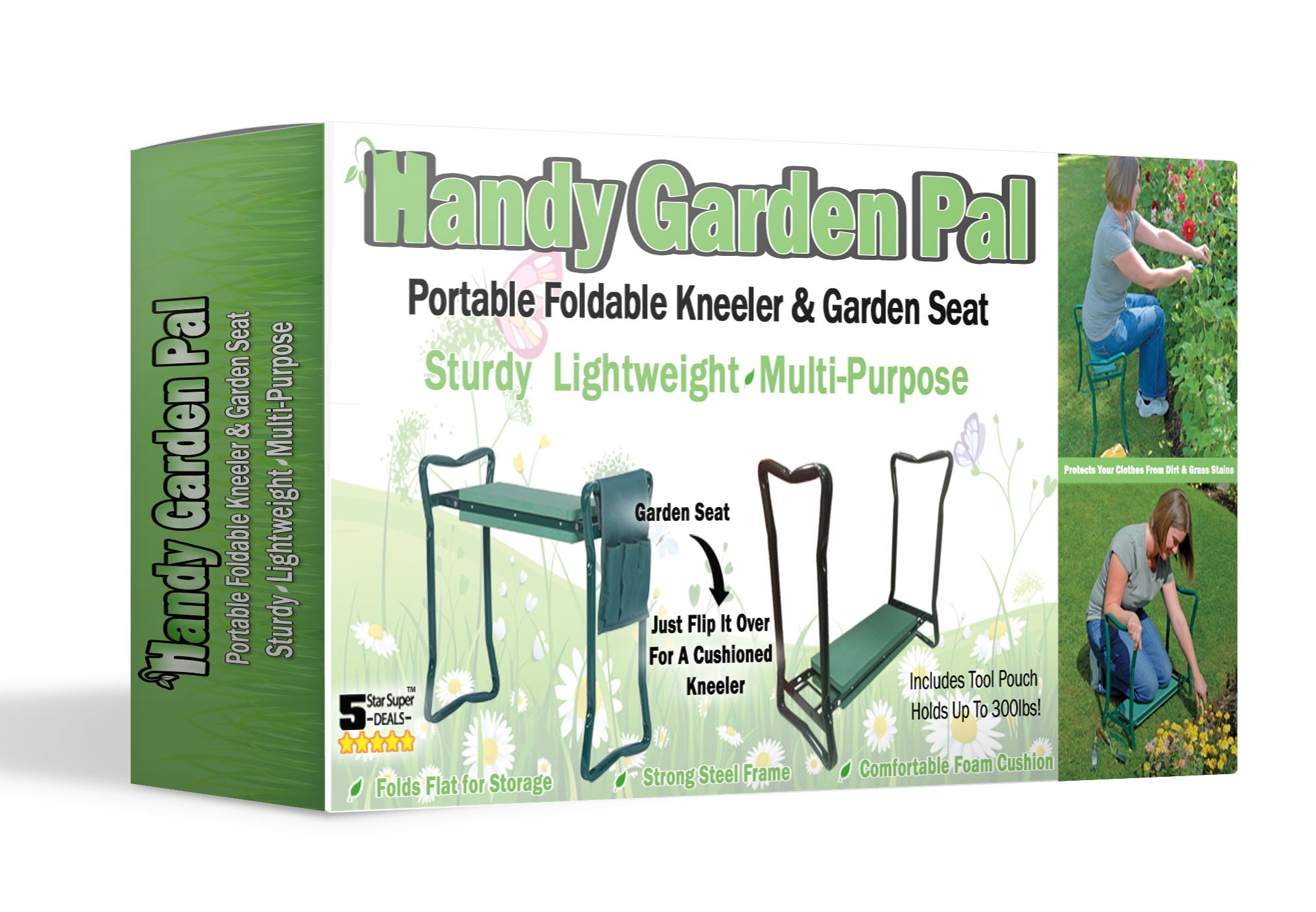 5Star Foldable Garden Kneeler With Handles And Seat - Bonus Tool Pouch - Portable Garden Chair Stool Bench Thick EVA Cushion Pad Perfect For Planting & Weeding (Large - 23.5 x 10.5 x 19", Green)