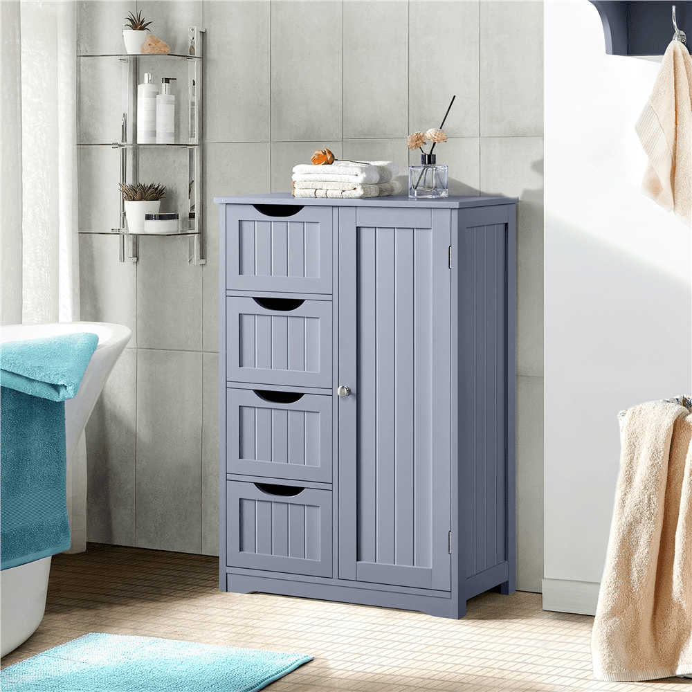 Topeakmart Wooden Floor Cabinet Bathroom Storage Cabinet with 4 Drawers, Gray