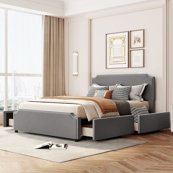 Upholstered Platform Bed with Stud Trim Headboard ...