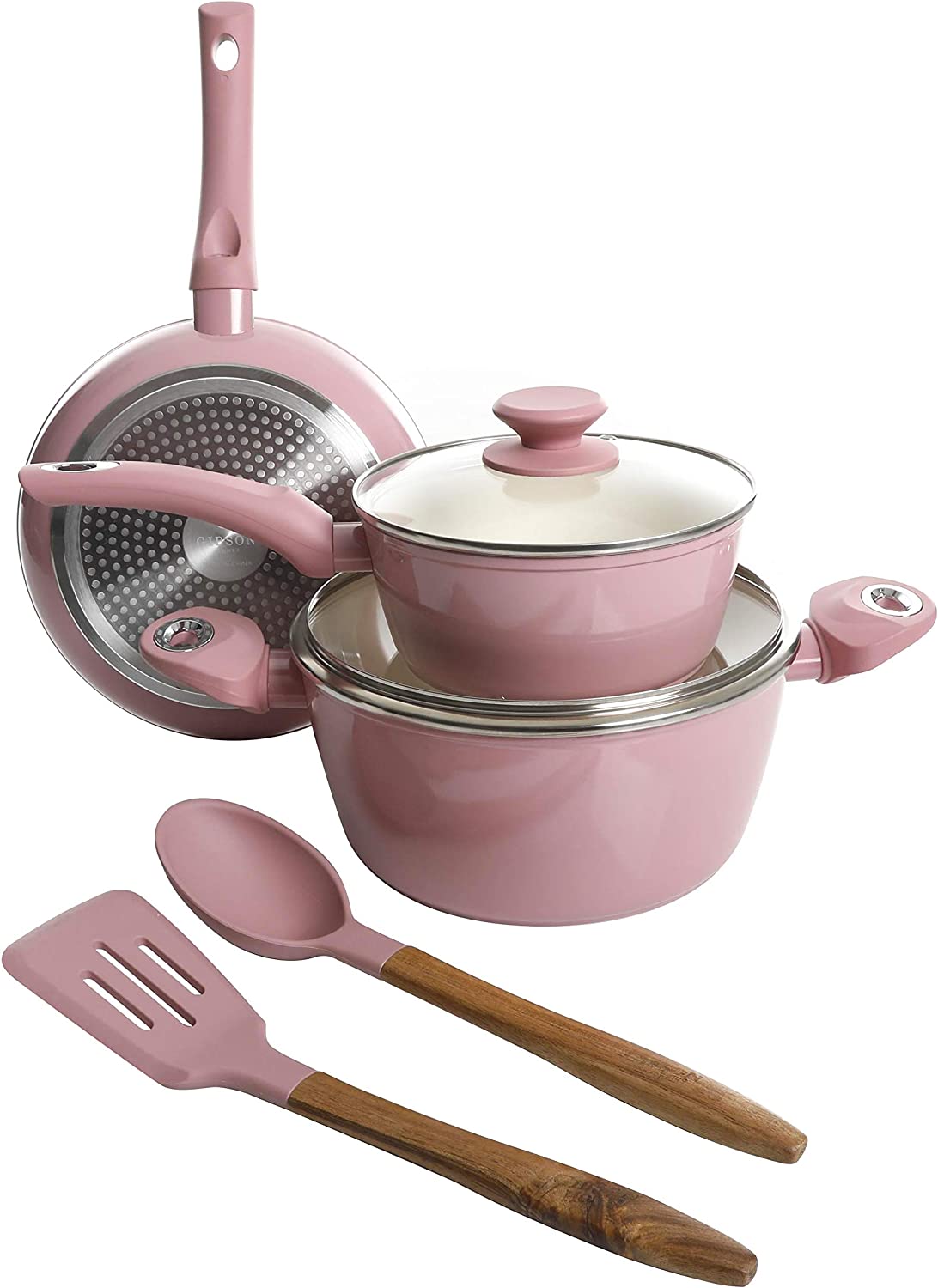 Gibson Home Plaza Café Forged Aluminum Healthy Ceramic Cookware， 7-Piece Set， Lavender Rose