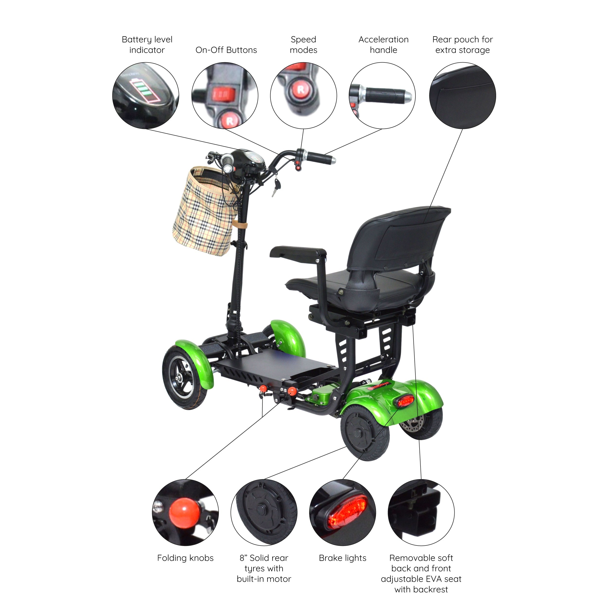 Special Design Green Portable Travel Scooter, LED Lights Extra Child Seat