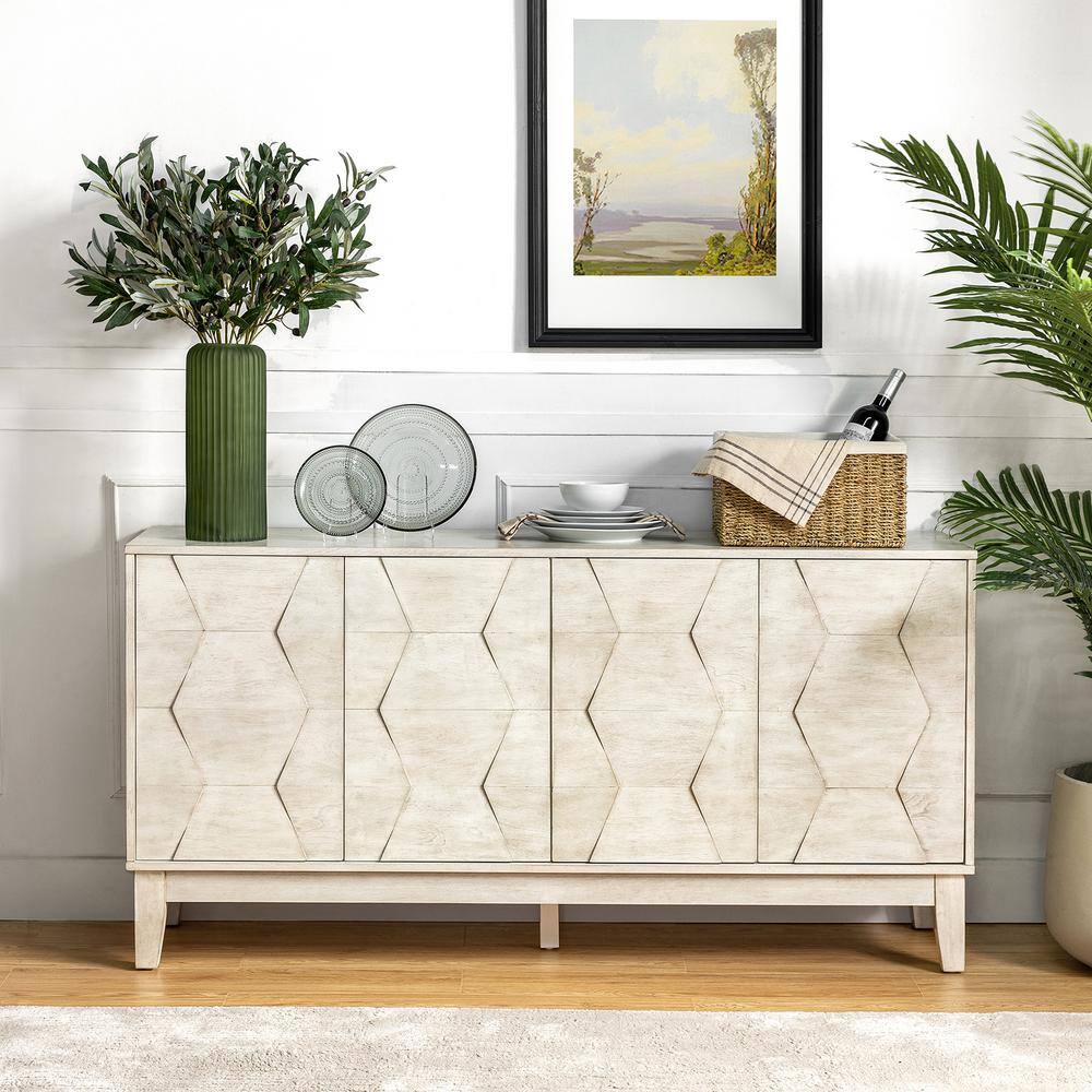 JAYDEN CREATION Kamis Modern White 60 in. Hexagonal Embellishments Sideboard with Solid Wood Legs SBHM0574-WHITE