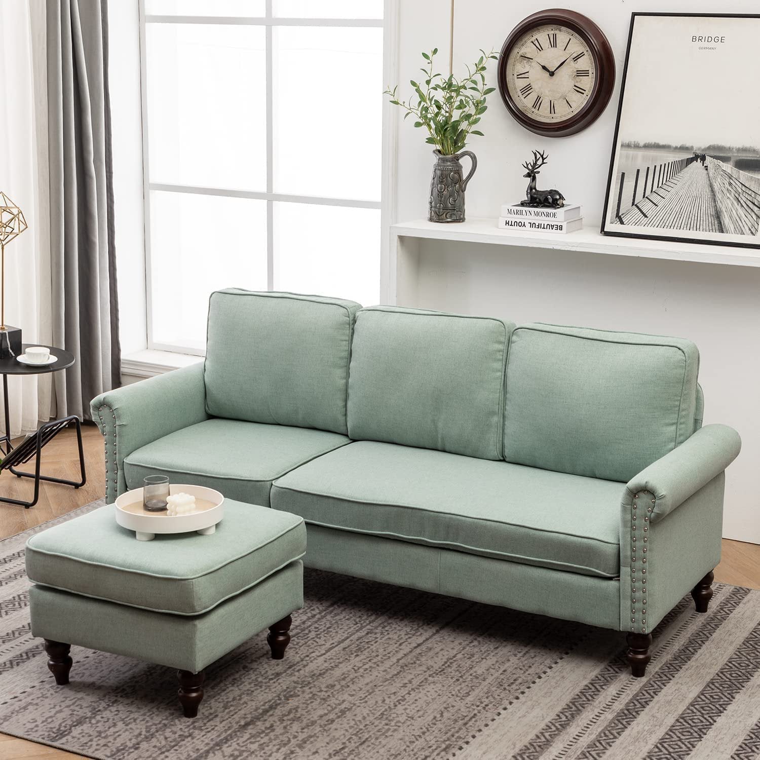 Yoleny Convertible Sectional Sofa, L-Shaped Sofa Three-seat, Movable Ottoman, Reversible Chaise Longue, Suitable for Apartment, Small Space, Green