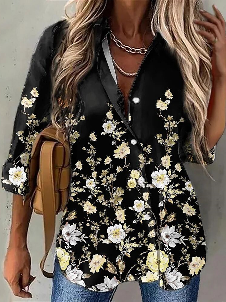 Fashion Floral Print Lapel Long Sleeve Shirt