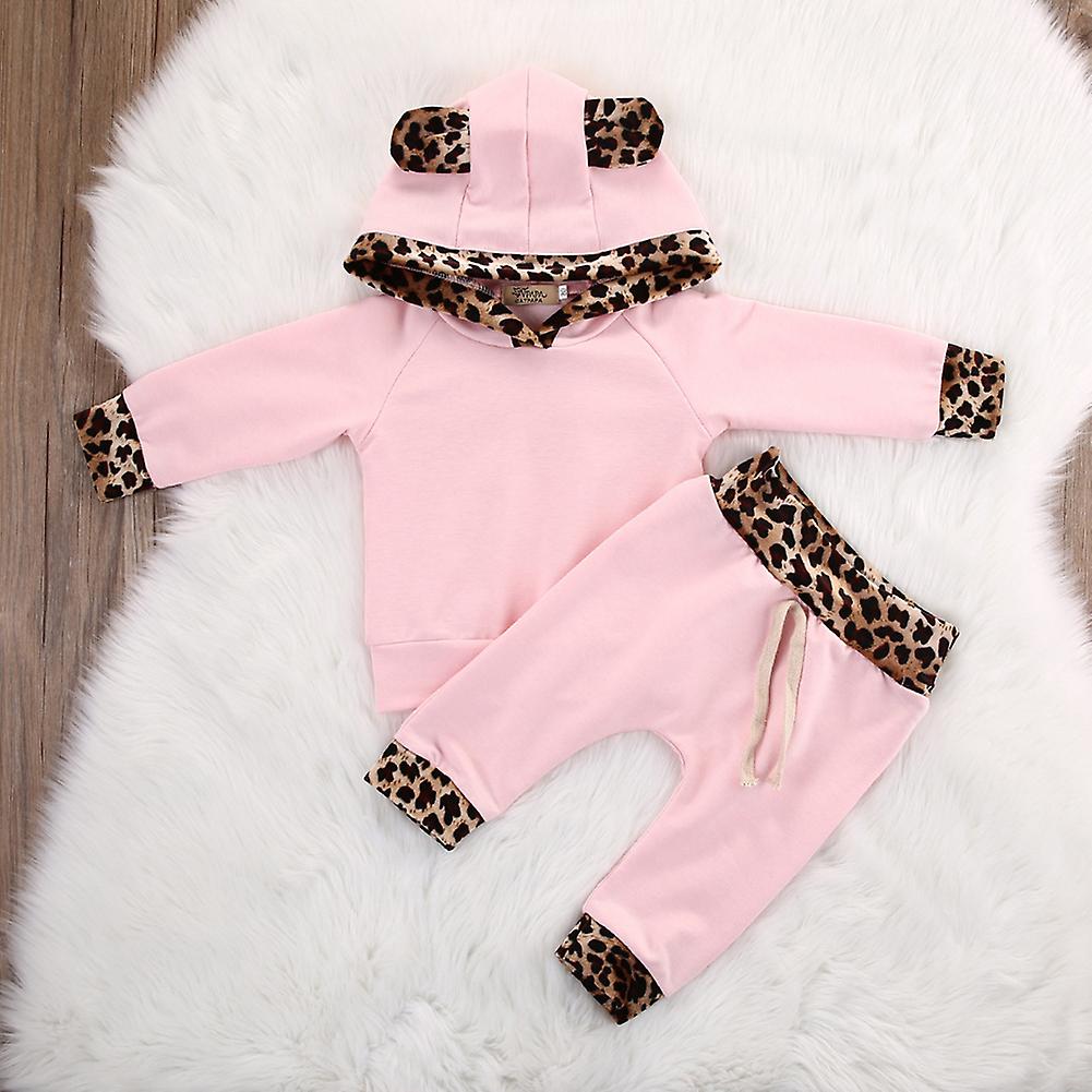 2pcs Cute Newborn Baby Girls Pink Leopard Hoodie T-shirt Top Pants Outfits Set 90cm