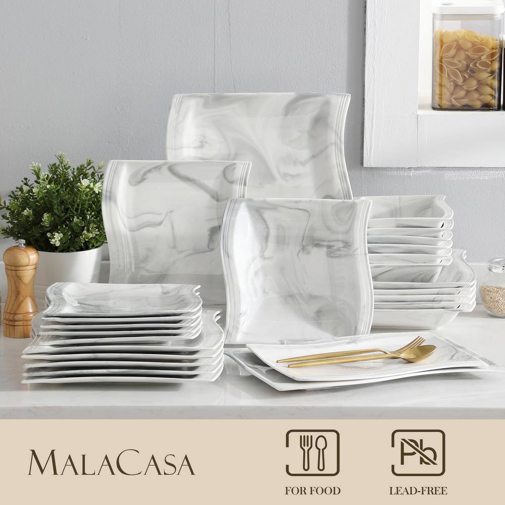 MALACASA Flora 26-Piece Marble Gray Porcelain Dinnerware Set with DinnerSoup Dessert Plates(Service for 6) FLORA-26-GREY