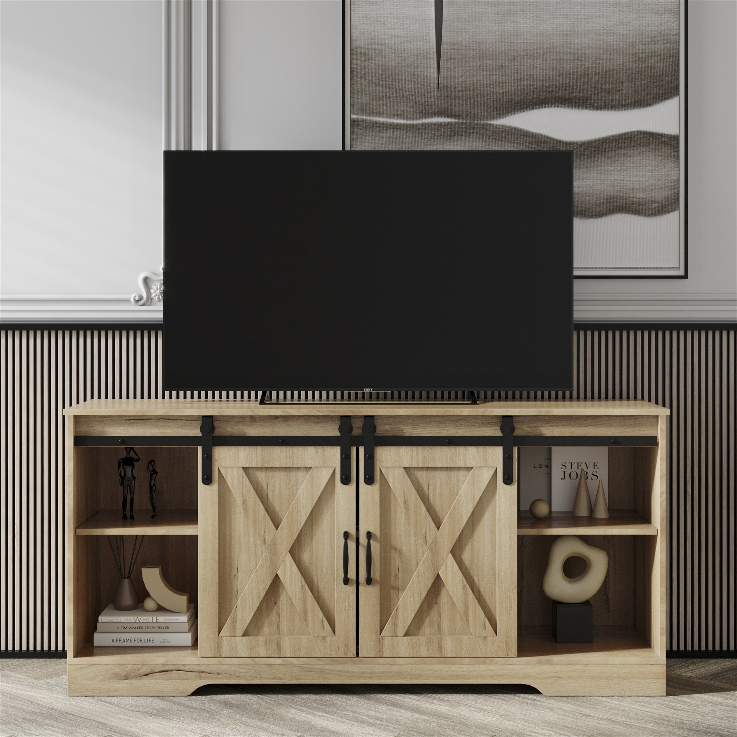 TV Stand Sliding Barn Door，Adjustable Shelves for TVs Up to 65