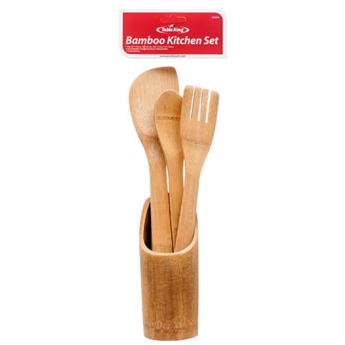 4PC Natural Bamboo Wooden Kitchen Tools Utensils Spoon Fork Cooking Set w/Holder