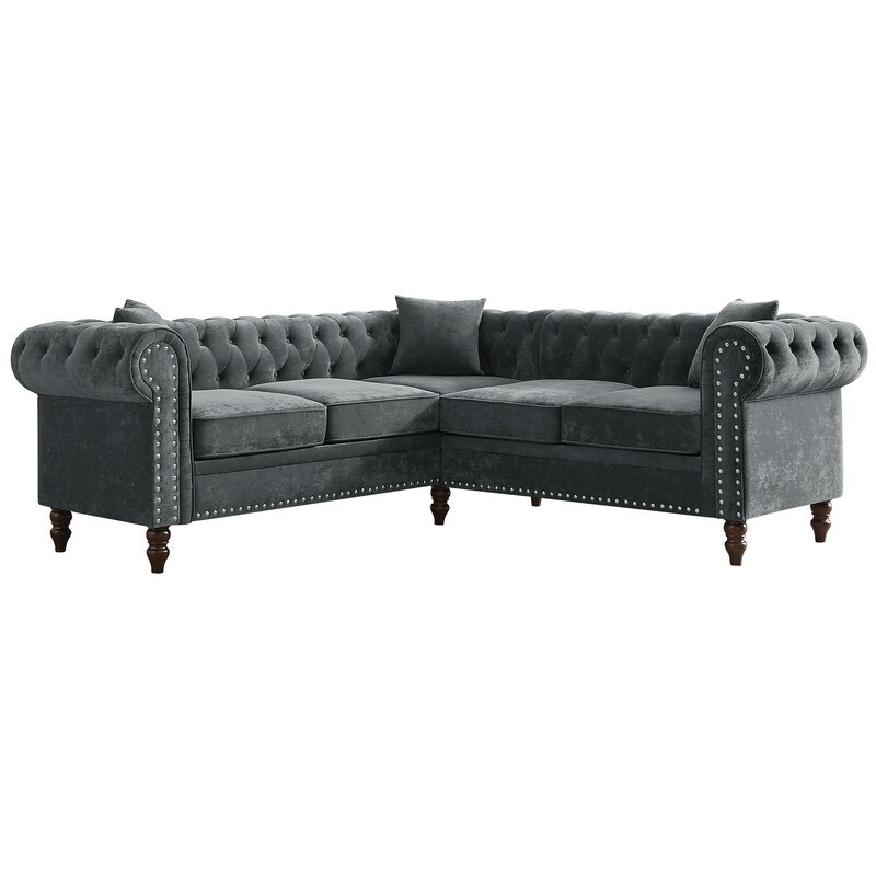 Chesterfield Button Tufted Upholstered Sectional Sofas L Shaped Sofa with 3 Pillows Included and Solid Wood Gourd Legs