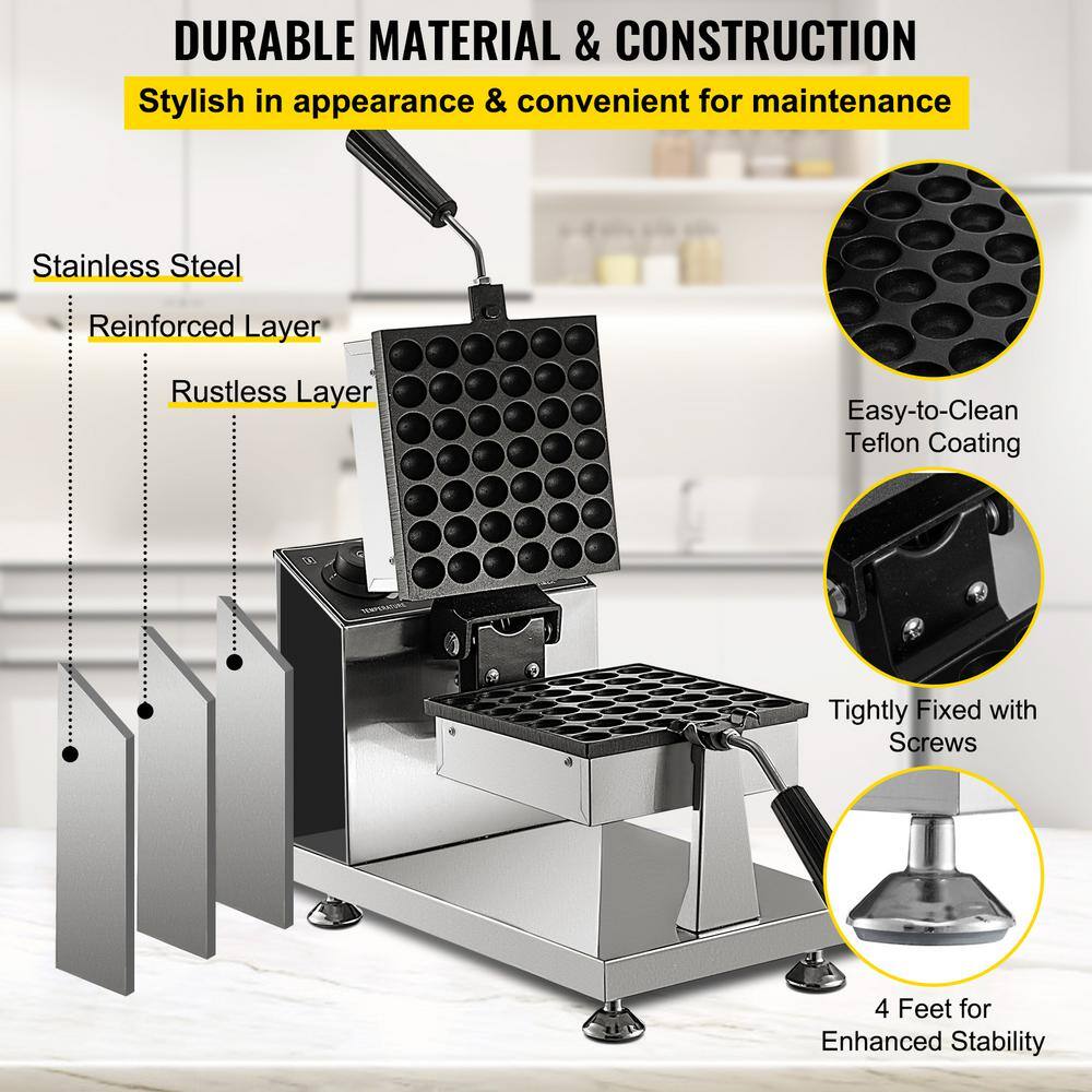 VEVOR Commercial Bubble Waffle Maker 8 in. Silver Square Mould 122-572F Adjustable Stainless Steel Baker DJFXZMC110VQWJ224V1