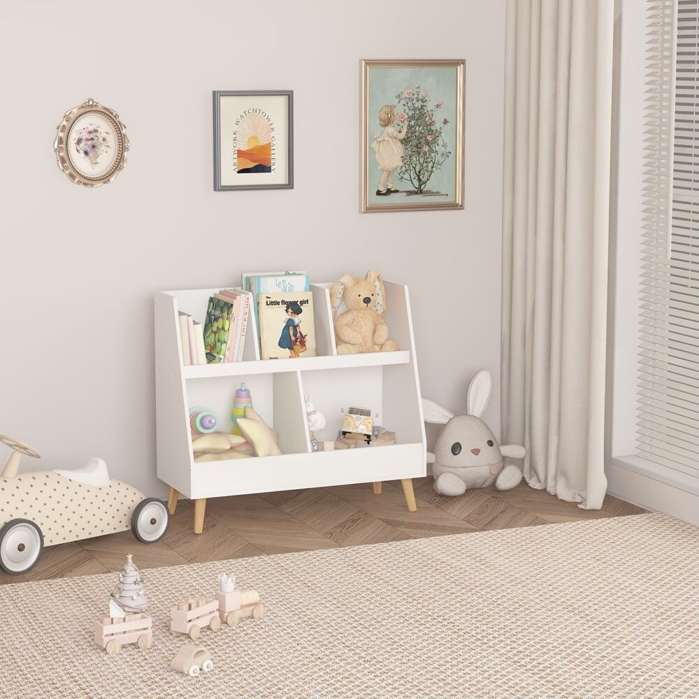 White 5 Cubbies Wooden Kids Open Bookcase and Toy Organizer