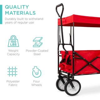 Best Choice Products 24 in. x 39 in. Utility Cargo Wagon Foldable Cart wRemovable Canopy Cup Holders in Red SKY1882