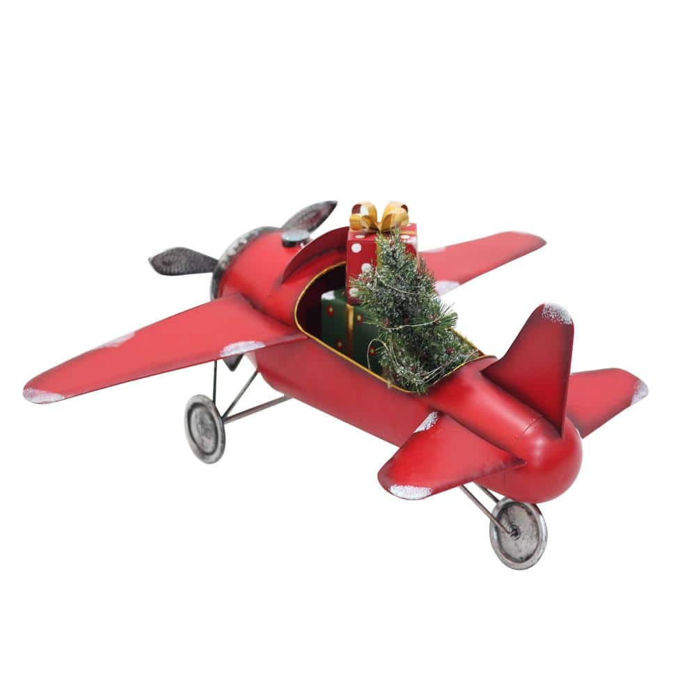 29 in. Red Airplane with Lighted Christmas Tree and Gifts ZR190160