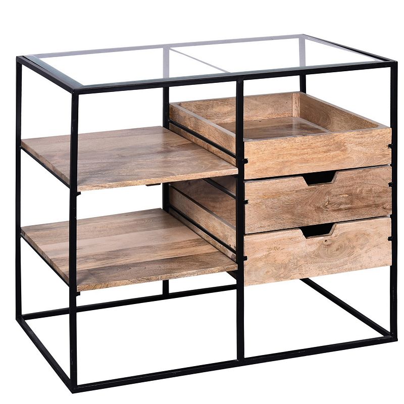 35 Inch Handcrafted Modern Glass Table， Storage Shelves， 3 Drawers， Metal Frame， Natural Brown and Black