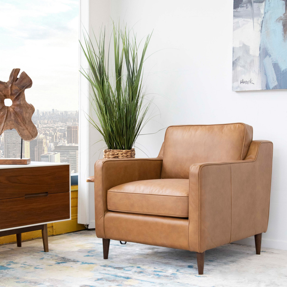 Liberty Mid Century Modern Cushion Back Genuine Leather Armchair  Tan   Midcentury   Armchairs And Accent Chairs   by Ashcroft Furniture Co.  Houzz