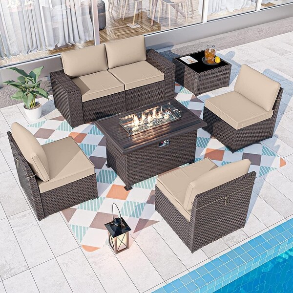 Kullavik 7 Pieces Rattan Outdoor Patio Furniture Sofa Set with Firepit