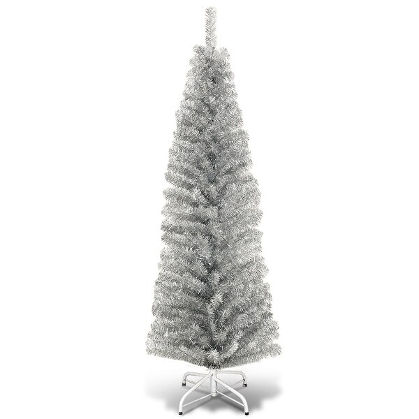 Costway 6FT Tinsel Tree Slim Pencil Christmas Tree Silver Champagne