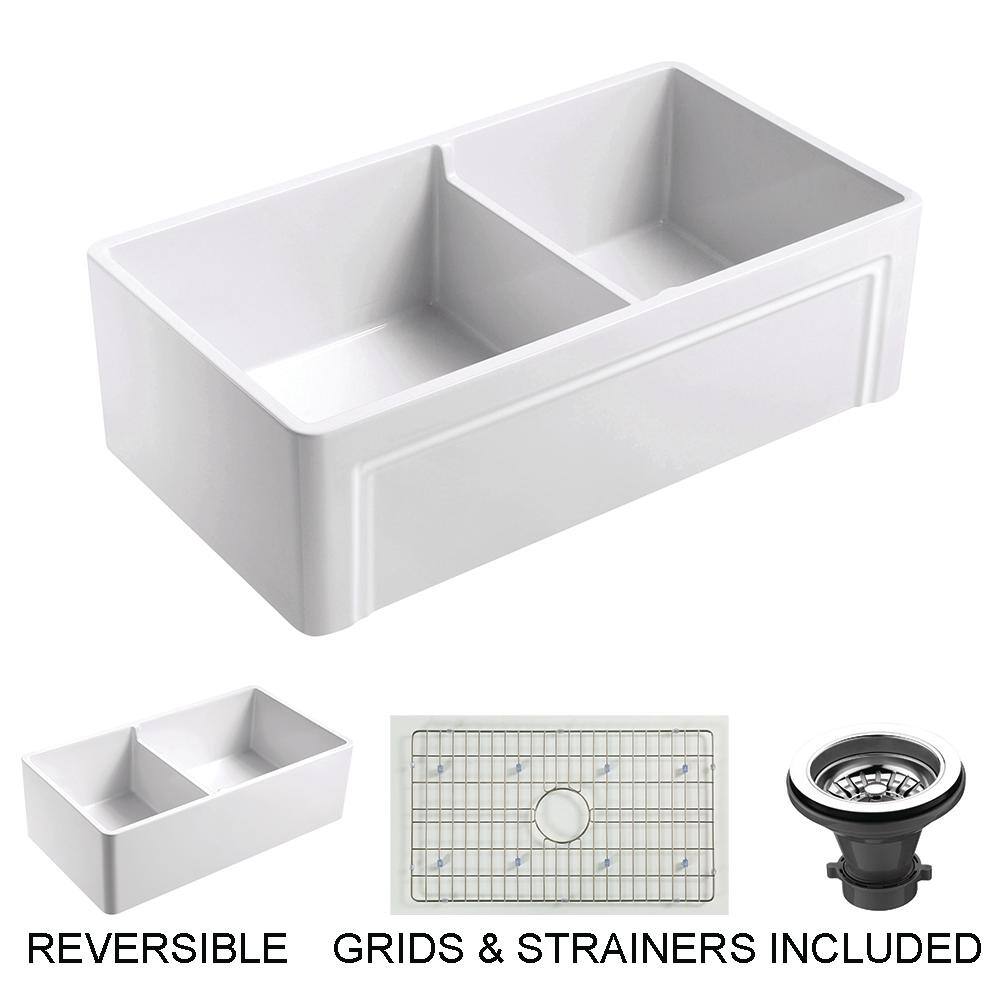 Empire Industries Olde London Farmhouse Fireclay 33 in. 5545 Double Bowl Kitchen Sink with Grid with Grid and Strainer OL33DG