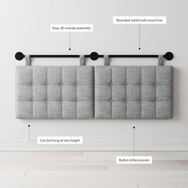 Nathan James Remi Wall Mount Tufted Headboard with Adjustable Straps and Black Metal Rail - - 36003135