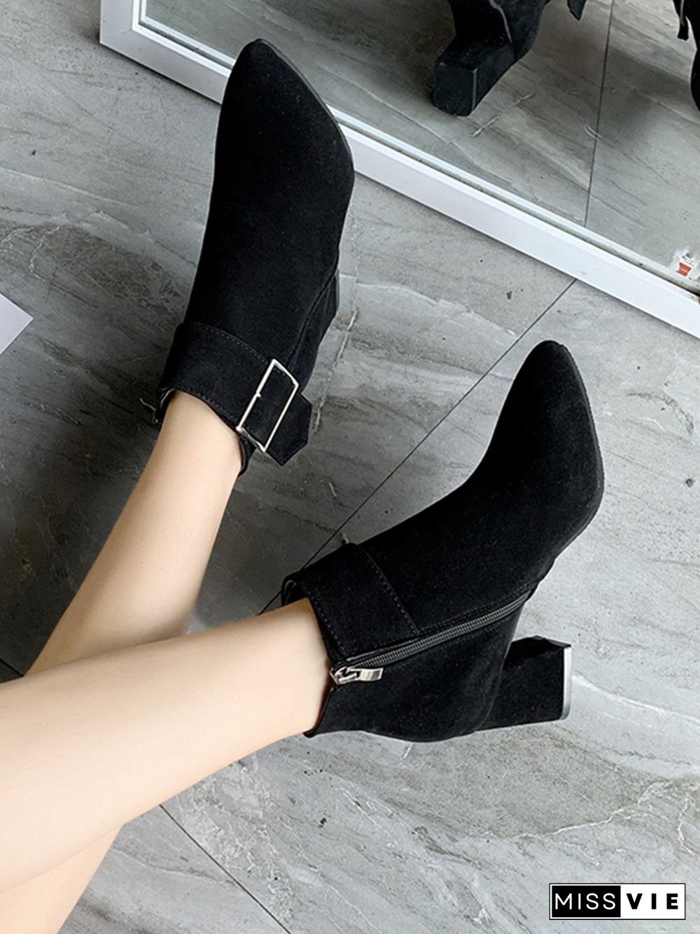 Chunky Heel Buckle Pointed-Toe Suede Martin Boots