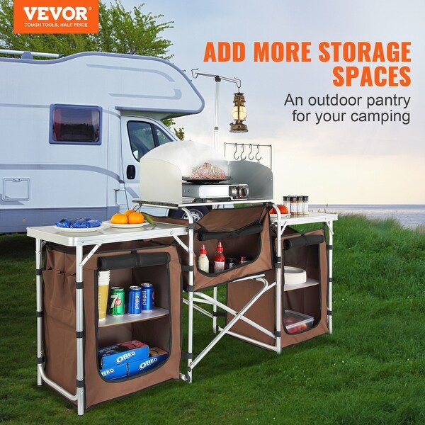 VEVOR Camping Kitchen Table Folding Portable Cook Station Long Aluminum Camping Table with Carrying Bag Side Tables and Shelves