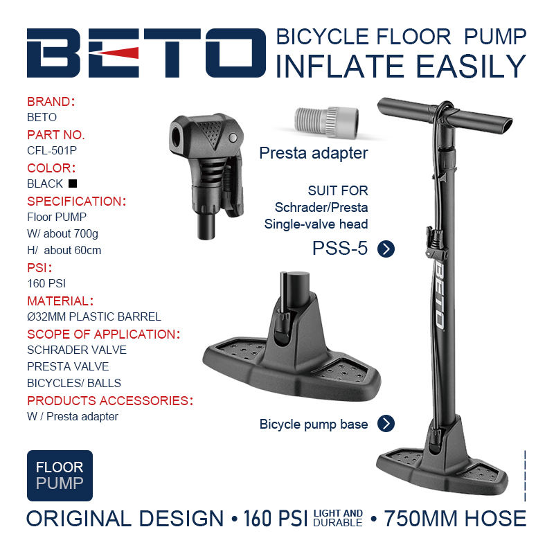 BETO Bike Inflatable Pumps Plastic Barrel 160Psi Hi pressure  Multi function Bicycle Pumps Cycling Floor Pump with Gauge