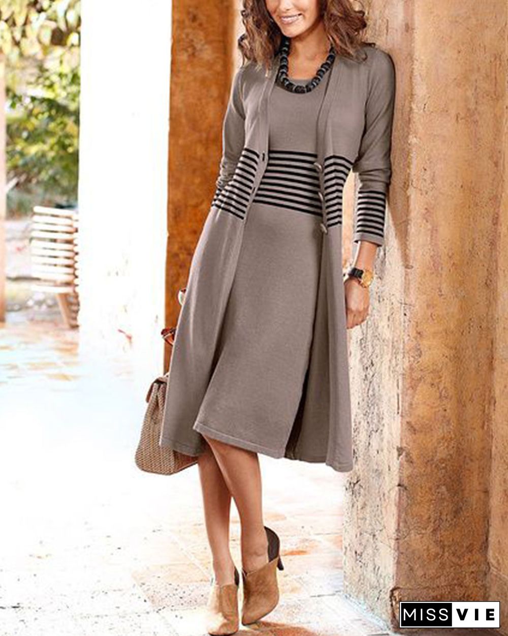 Striped knitted cardigan dress two-piece set