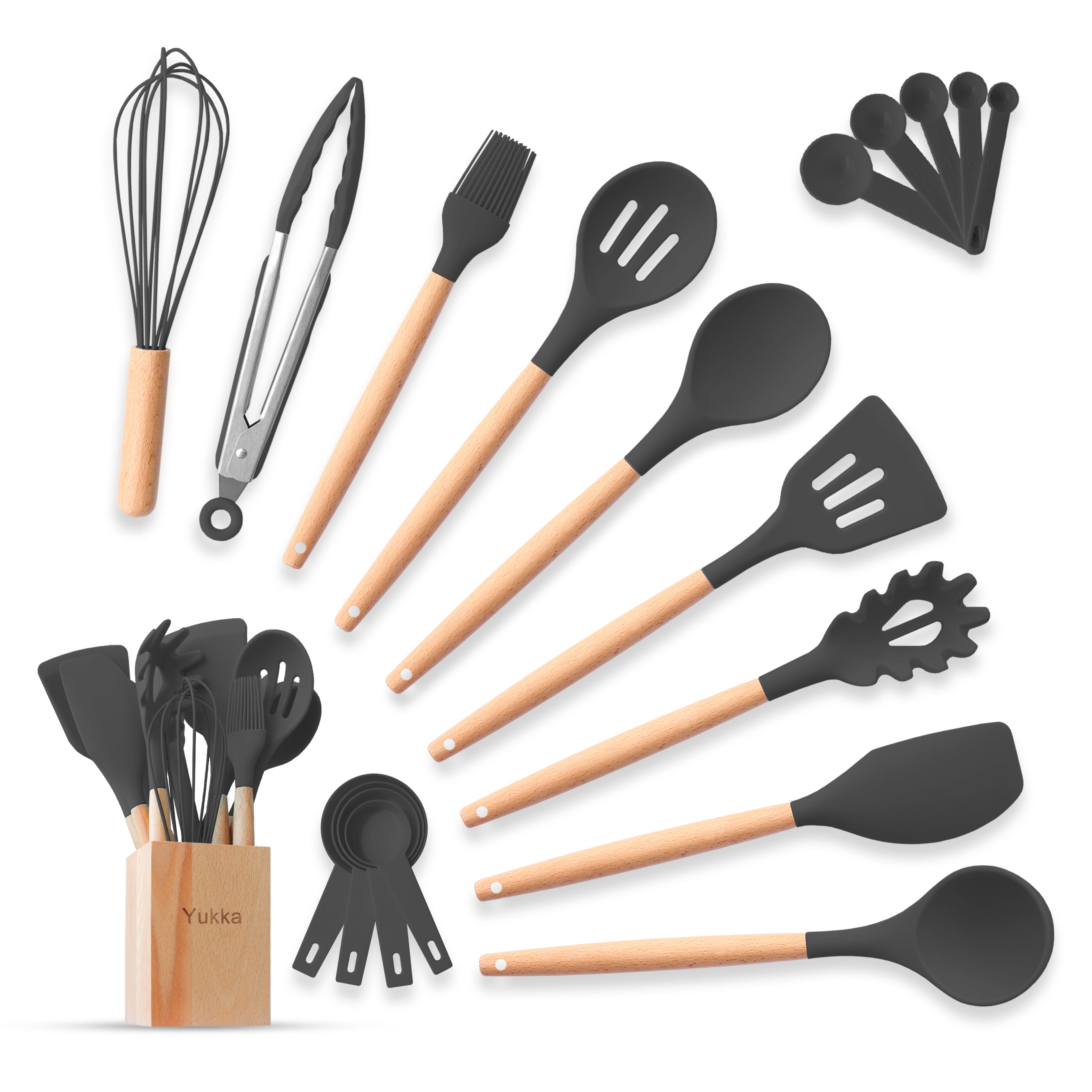 20 Pcs Silicone Kitchen Cooking Utensils Set YUKKA Holder Black Gray