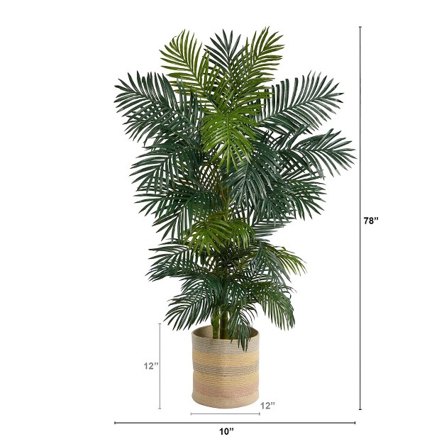 Nearly Natural 6.5-ft Golden Cane Artificial Palm Tree In Handmade Natural Cotton Multicolored Woven Planter