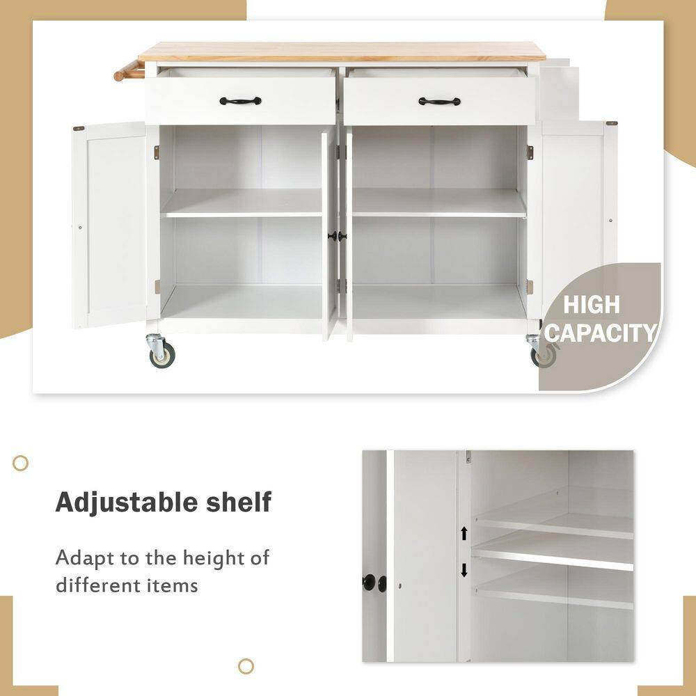 Runesay White Kitchen Island Cart with Solid Wood Top and Locking Wheels with 4 Door Cabinet and Two Drawers Spice Towel Rack EC-KIW-957