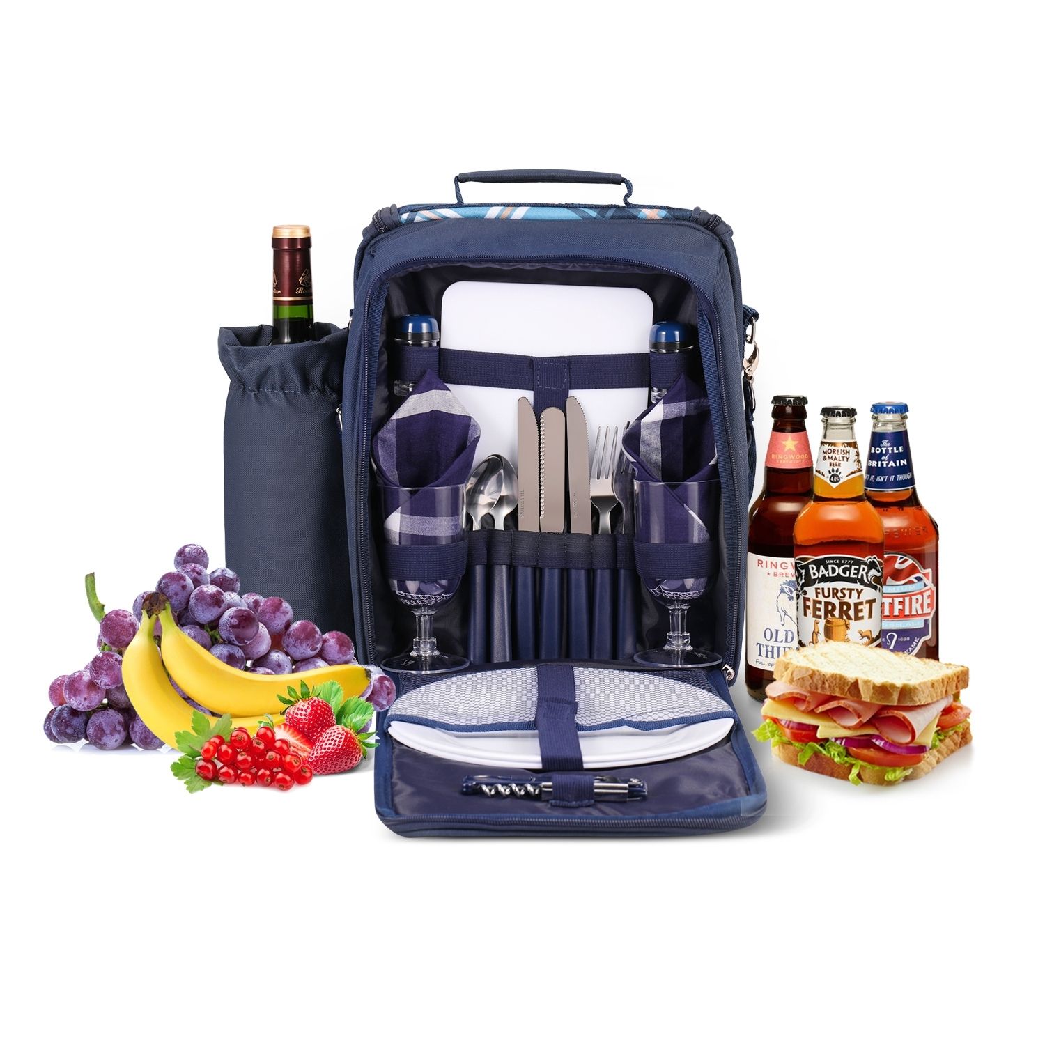 Travel Picnic Backpack For 2 Person (Blue) Wine Picnic Basket Bag With Plates， Flatware Cutlery， Glass Set， Insulated Compartment， Detachable Bottle Wine Holder