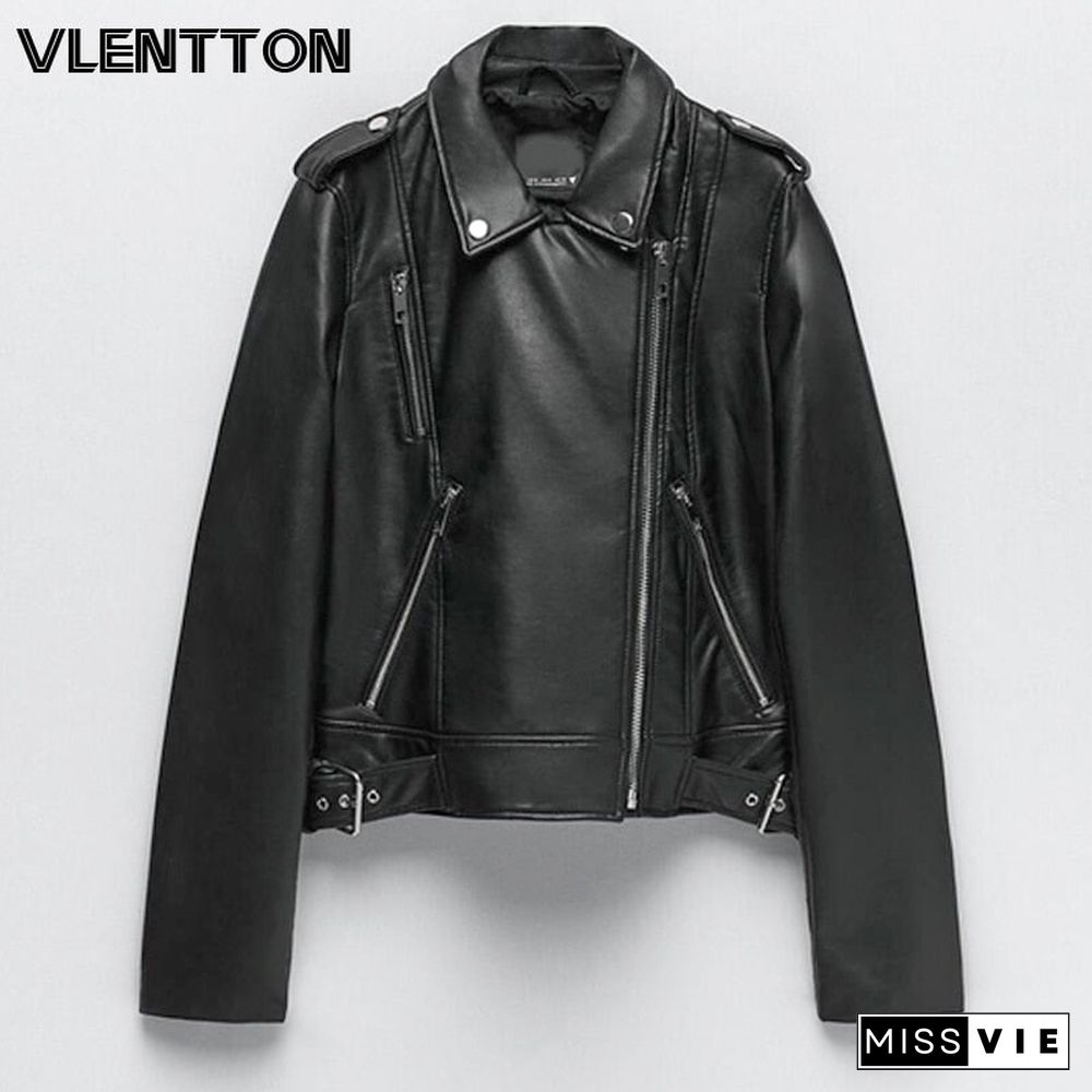 New Autumn Winter Women Black Faux Leather Jacket Fashion Solid Zipper Biker Coat Female