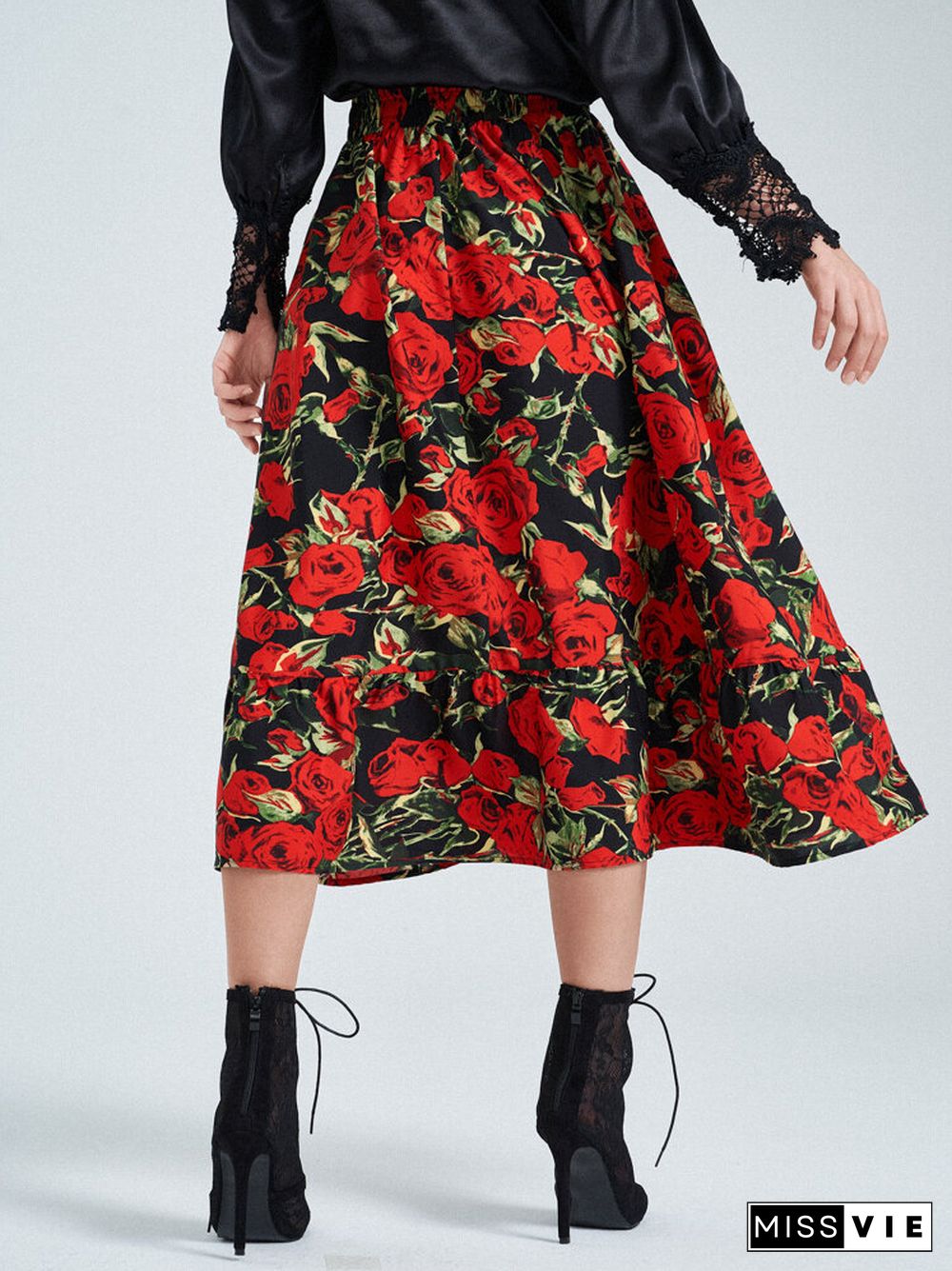 Allover Rose Print Elastic Waist Pocket Swing A-line Skirt