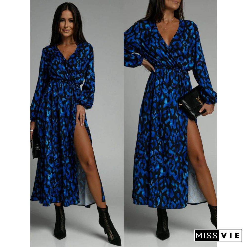 New Fashion Print Mid-length Dress Women High Waist V Neck Chiffon Slit Dress Casual Vacation Beach Dress