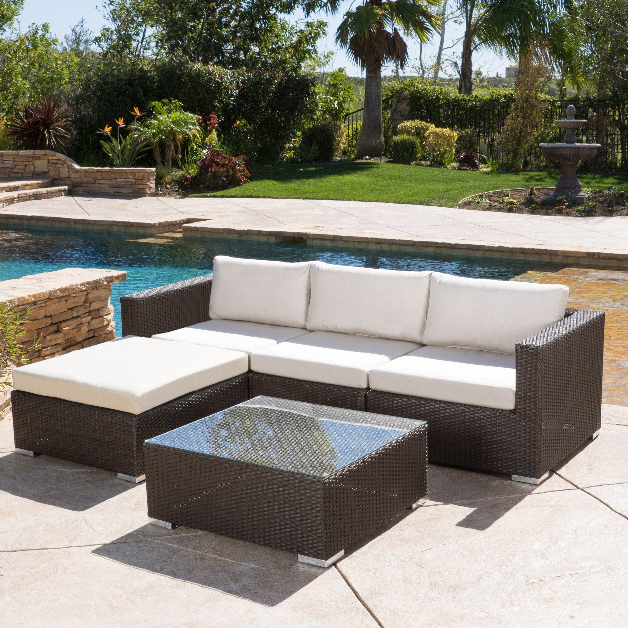 Francisco 5pc Outdoor Brown Wicker/Aluminum Seating Sectional Set w/ Cushions