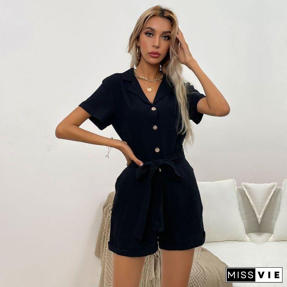 Solid Color Button Front Romper